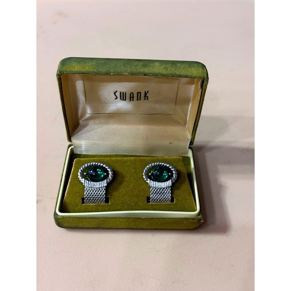 Vintage Mens Swank Silver Tone Green Cabochon Mesh Wrap Around Cufflinks‎ w Box